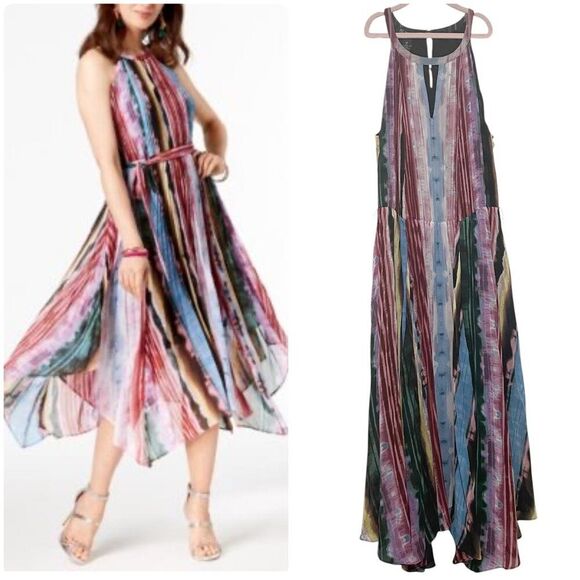 INC Halter Sleeveless Multicolor Handkerchief Midi Dress 0X or 12 Flowy Pleted - Picture 1 of 10